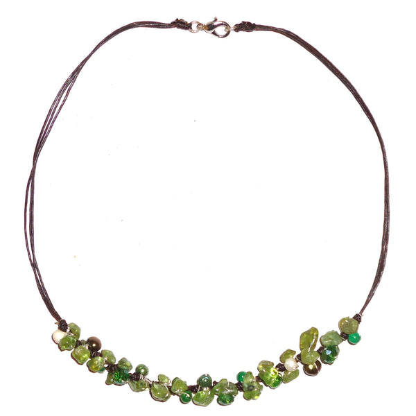 Crystal, mixed stone and pearl necklace in shades of green on wax linen cording available at Cerulean Arts. 
