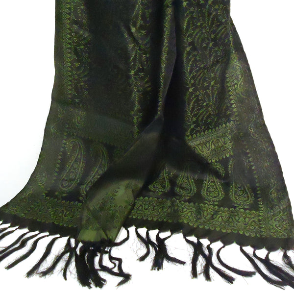 Silk brocade scarf with paisley pattern in olive and black available at Cerulean Arts. 