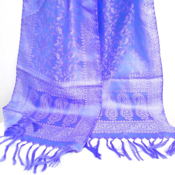 Silk brocade scarf with paisley pattern in periwinkle and silver available at Cerulean Arts. 