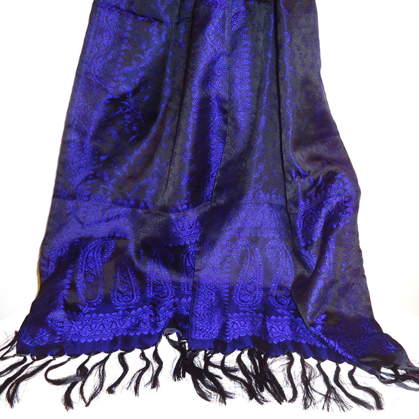 Silk brocade scarf with paisley pattern in purple and black available at Cerulean Arts. 
