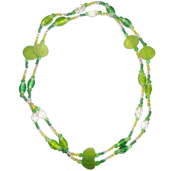 Mixed glass bead necklace in shades of green available at Cerulean Arts.  Can be worn as single strand or doubled.