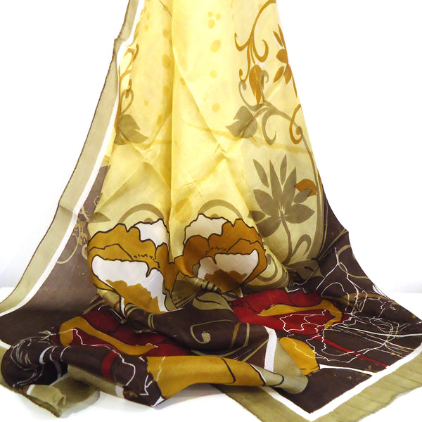 Silk scarf with art nouveau floral pattern in brown and gold available at Cerulean Arts. 