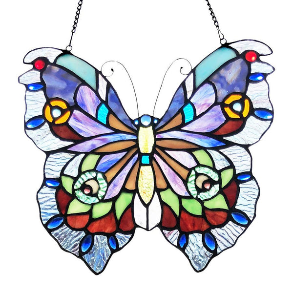 Multicolored stained glass butterfly panel available at Cerulean Arts. 