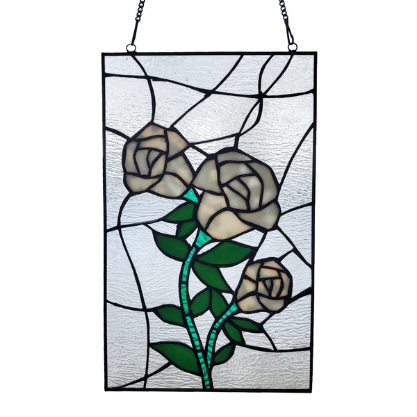 Stained glass white rose panel available at Cerulean Arts. 