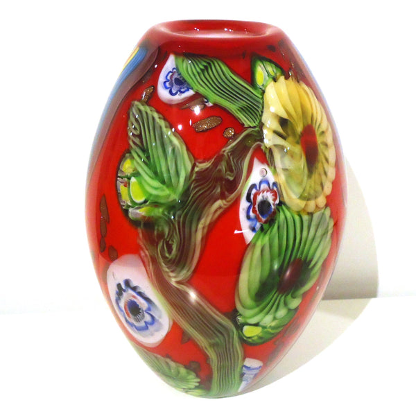 Crimson Glass Vase with Floral Motif