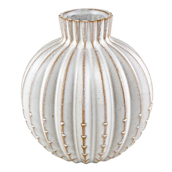 Ribbed ceramic flower vase with white glaze available at Cerulean Arts. 