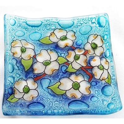 Fused glass small plate featuring a flowering dogwood branch available at Cerulean Arts. 