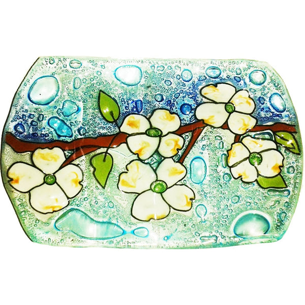 Fused glass soap dish featuring a flowering dogwood branch available at Cerulean Arts. 