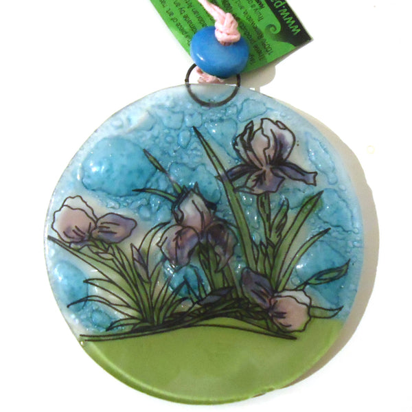 Fused glass suncatcher featuring a patch of purple irises available at Cerulean Arts. 