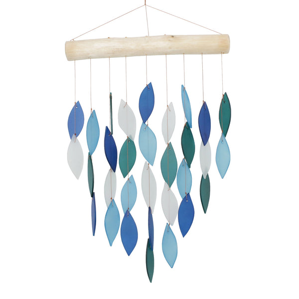 Tumbled glass wind chime in cascades of blues and white available at Cerulean Arts.