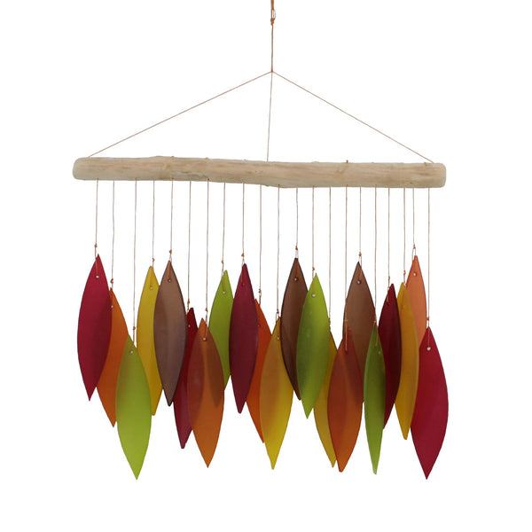 Tumbled glass wind chime in shades of autumn leaves available at Cerulean Arts.