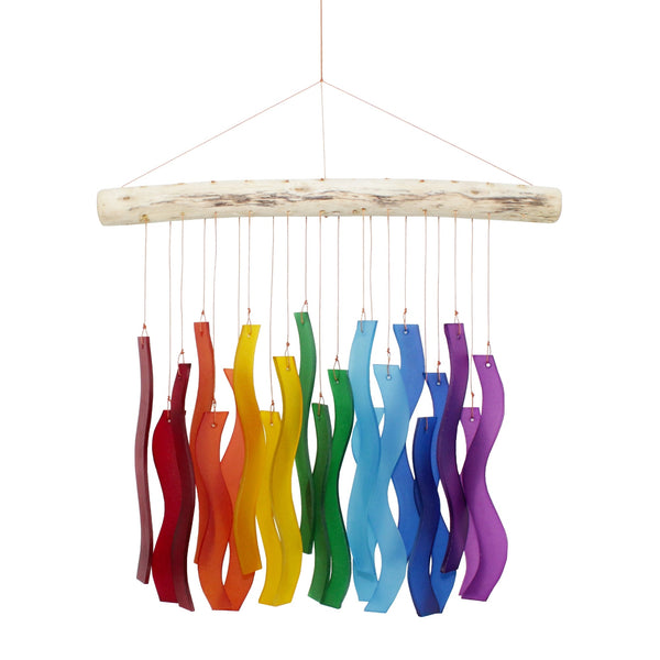 Tumbled glass wind chime in waves of rainbow colors available at Cerulean Arts