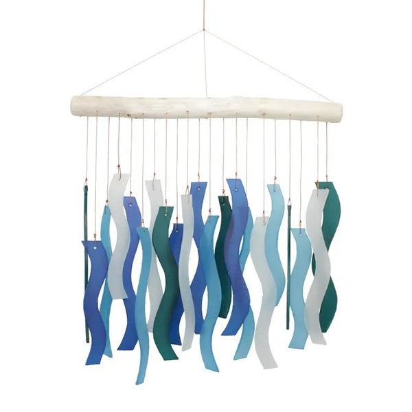 Tumbled glass wind chime in waves of blue colors available at Cerulean Arts.