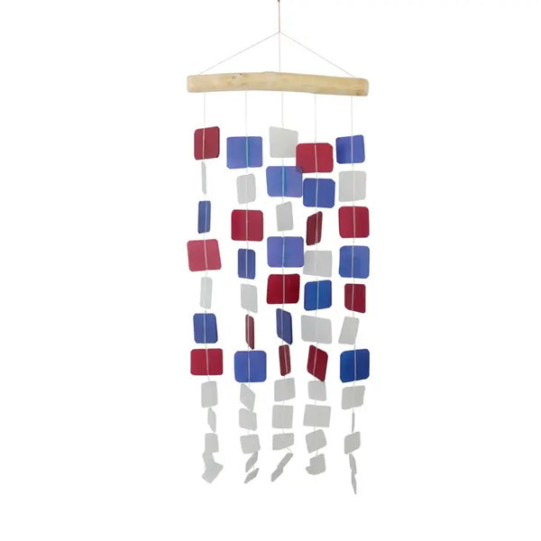 Tumbled Glass Wind Chime - Red, White & Blue Squares