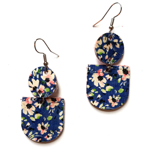 Cork Earrings - Blue Floral
