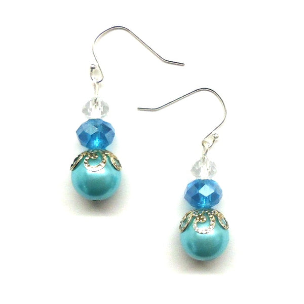 Blue Crystal & Pearl Bead Earrings