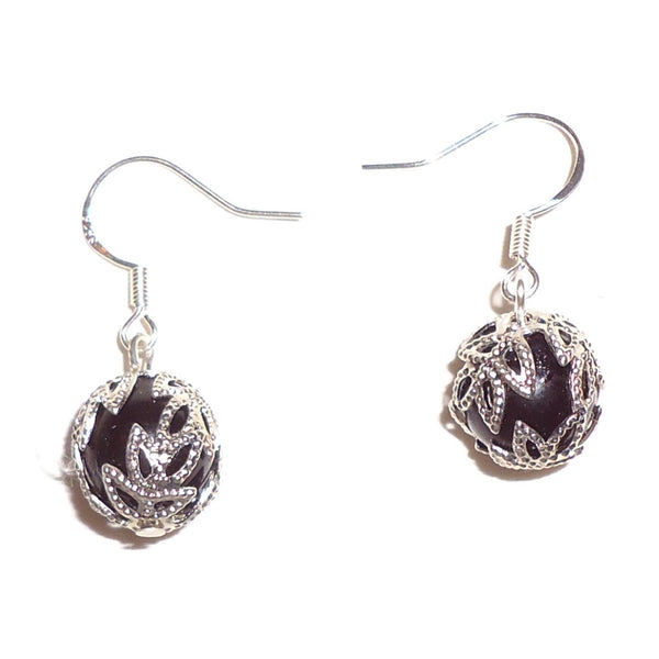 Black Bead with Silver Earrings