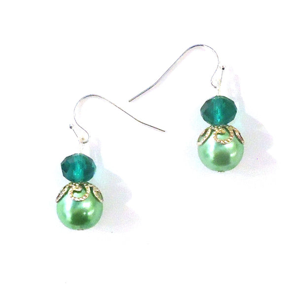 Green Crystal & Pearl Bead Earrings