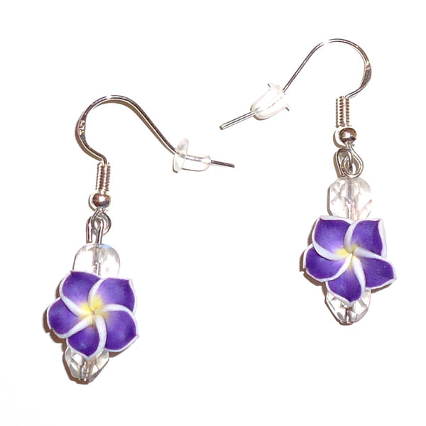 Purple plumeria flower earrings available at Cerulean Arts. 