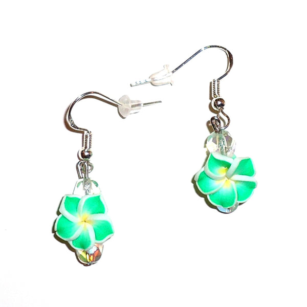 Seafoam green plumeria flower earrings available at Cerulean Arts.
