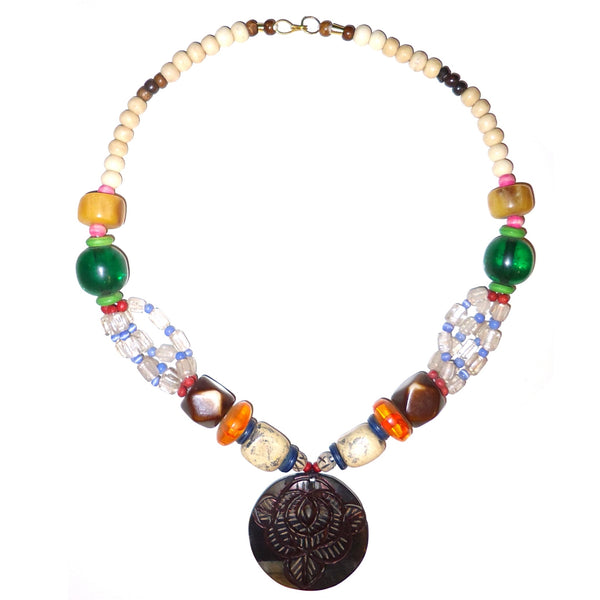 Multi-Bead Necklace with Floral Pendant