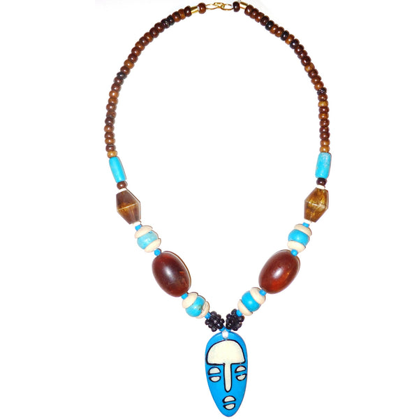Multi-Bead Necklace with Blue Mask Pendant