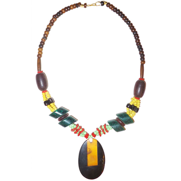 Multi-Bead Necklace with Resin Oval Pendant