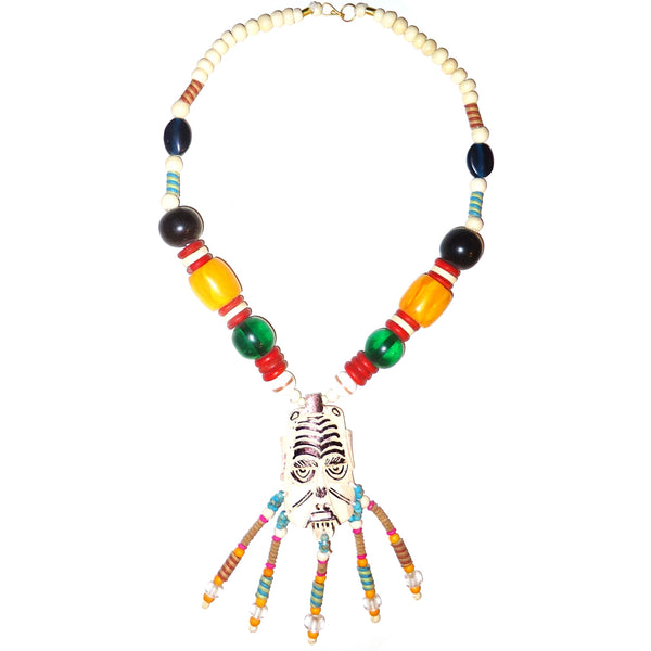 Multi-Bead Necklace with Carved Mask Pendant