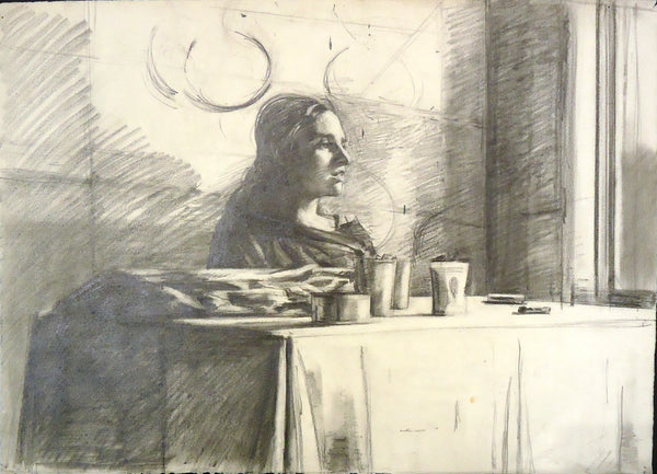 Woman at a Table, graphite on paper drawing by Pennsylvania artist Sidney Goodman, c. 1975, available at Cerulean Arts.