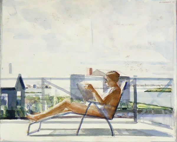 Woman in a Deck Chair, watercolor painting by Pennsylvania artist Sidney Goodman, signed and dated 1970, available at Cerulean Arts.