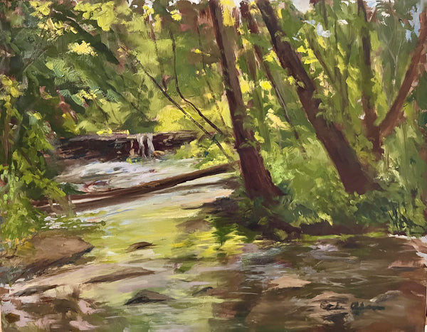 Ridley Creek Beckons, oil on panel landscape painting by Cerulean Arts Collective member Celia Abrams. 