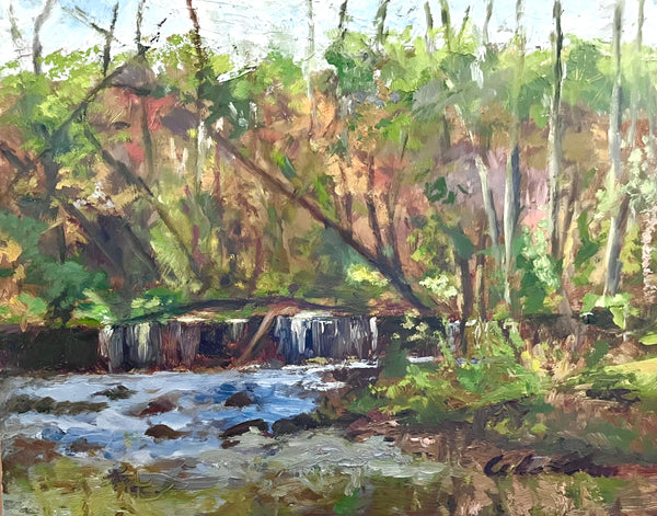Ridley Creek Falls, oil on panel landscape painting by Cerulean Arts Collective member Celia Abrams. 