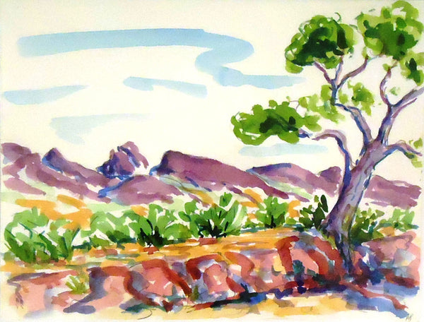 A watercolor painting featuring a landscape with a tree and distant hills, with a blue sky and green foliage.