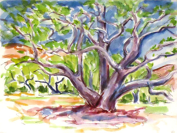 A watercolor painting of a tree with a textured trunk and spreading branches, set against a colorful background.