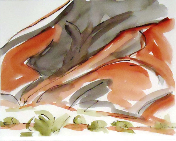 Watercolor painting of a mountain with red and black