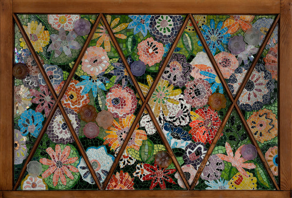 Greens of Summer, mixed-media mosaic on repurposed window by Cerulean Arts Collective member Barbara Bix.