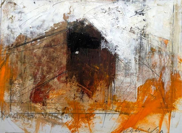 An abstract oil and charcoal painting on paper featuring geometric and irregular shapes in red, orange, and brown tones, with visible brushstrokes.