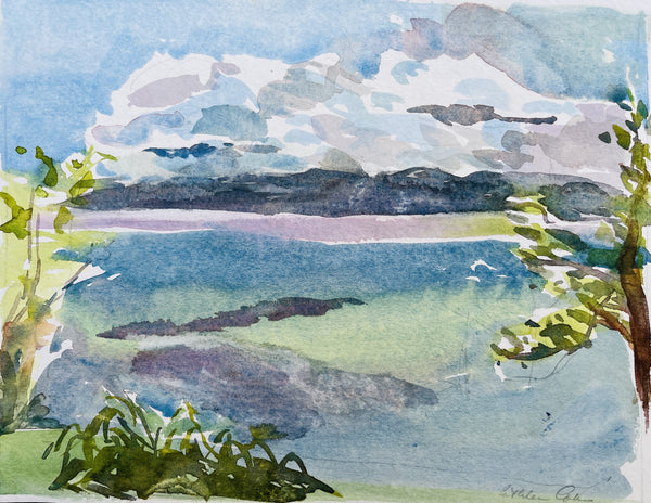 Layer of Blue, watercolor on paper landscape painting by Cerulean Arts Collective Member Cathleen Cohen.