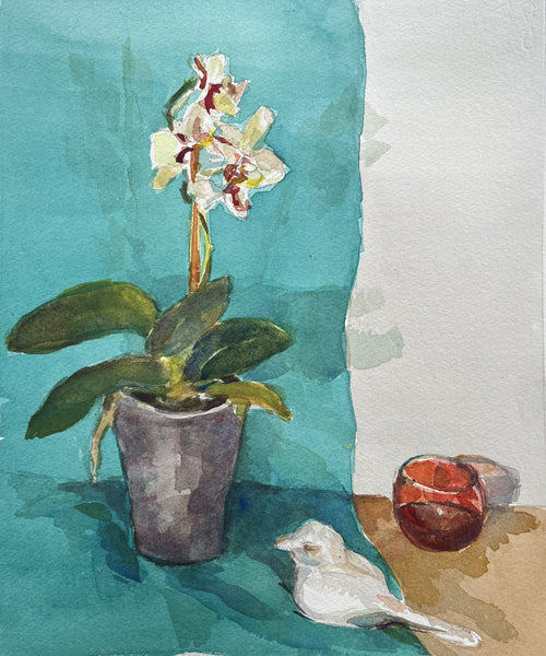 Orchid, Cup and Bird, watercolor on paper still life painting by Cerulean Arts Collective Member Cathleen Cohen. 