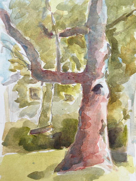Shadows Snake Between Trees, watercolor on paper landscape painting by Cerulean Arts Collective Member Cathleen Cohen.  