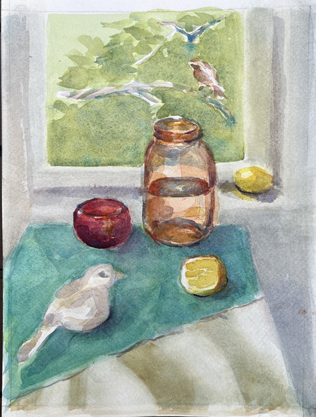 Still Life, Not Still, watercolor on paper still life painting by Cerulean Arts Collective Member Cathleen Cohen. 