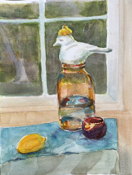 Still Life with Bird, watercolor on paper still life painting by Cerulean Arts Collective Member Cathleen Cohen. 