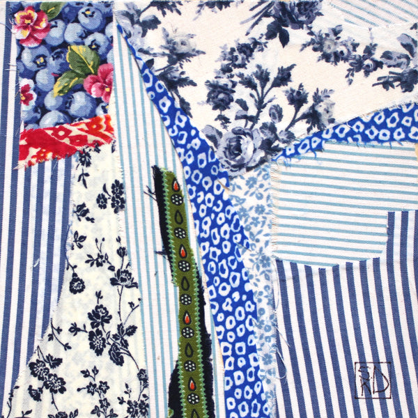 Blue Leaves, fabric collage on wood abstract work by Cerulean Arts Collective Member Susan D'Alessio. 