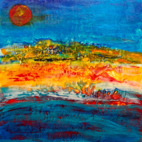 From the Boat, encaustic, collage and oil stick on panel painting by Cerulean Arts Collective Member Dora Ficher.