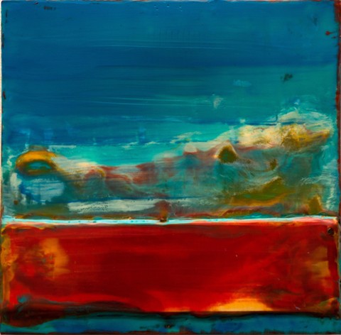 Layers 3, encaustic, collage and oil stick on panel painting by Cerulean Arts  Collective Member Dora Ficher