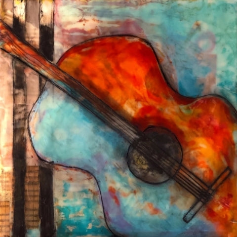 Six Strings, encaustic, oil pigments and collage on panel painting by Cerulean Arts Associate Collective Member Dora Ficher
