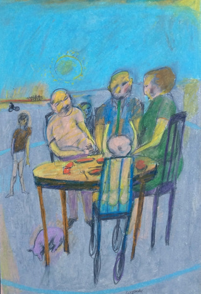 Figures Seated at a Table, pencil and oil pastel on paper drawing by Pennsylvania artist Sidney Goodman, signed, available at Cerulean Arts.