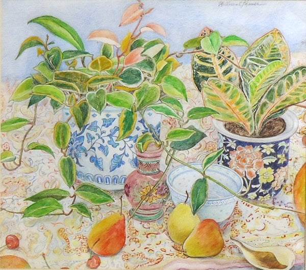 Millicent Krouse: Crotons, Pears, Porcelain Vase on Paisley