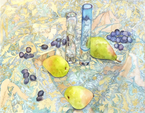 Millicent Krouse: Grapes, Pears, Glass on Paisley