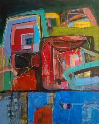 City Structures (Night), acrylic on canvas abstract painting by Cerulean Arts Collective Member Alan Lankin. 